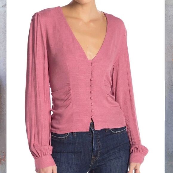 Free People Maise Button Front Blouse Long Puff Sleeve Top Rose Mauve Pink S M - Picture 1 of 14